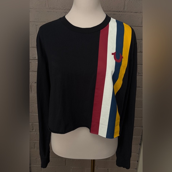 True Religion Black Crop Top with faux leather stripes XL - Picture 8 of 12